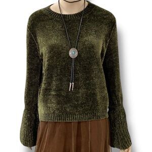 Emerald Green Chenille Round Neckline Tulip Sleeve Sweaters - NEW